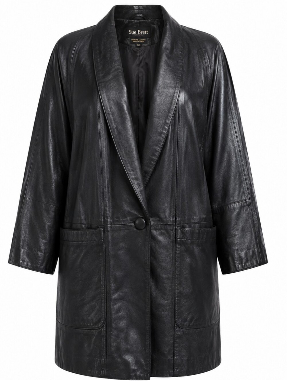SUE BRETT | Vintage Black Genuine Leather B8 Boxy Oversized Long Car Coat | 2X